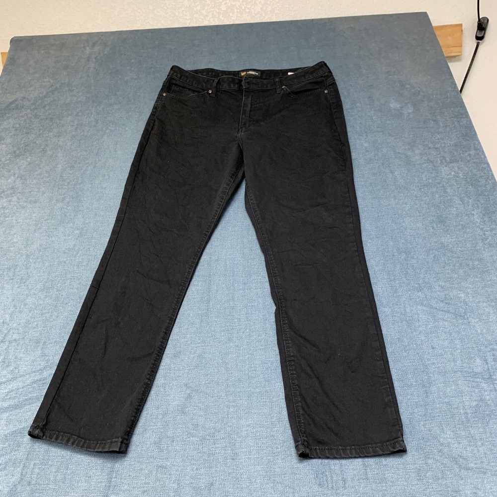 Lee Straight Leg Jeans Womens 14 Black Denim Cotton Stretch Regular Fit Mid Rise
